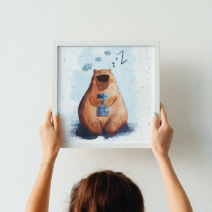 Cute Watercolor Bear Sleeping Babies Kids Nursery Poster