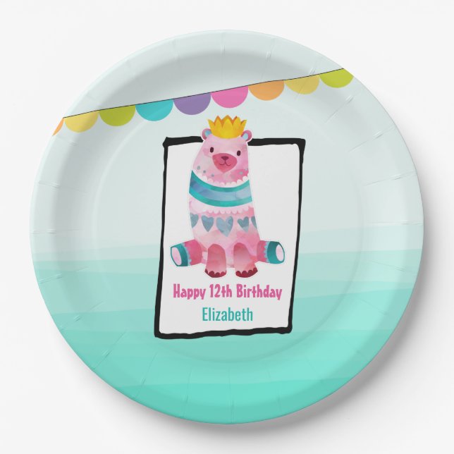 Cute Watercolor Bear Wearing a Crown Birthday Paper Plate (Front)