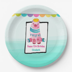 Cute Watercolor Bear Wearing a Crown Birthday Paper Plate