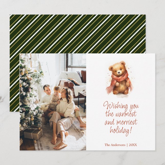 Cute Watercolor Bear with Scarf Christmas Photo Holiday Card (Front/Back)