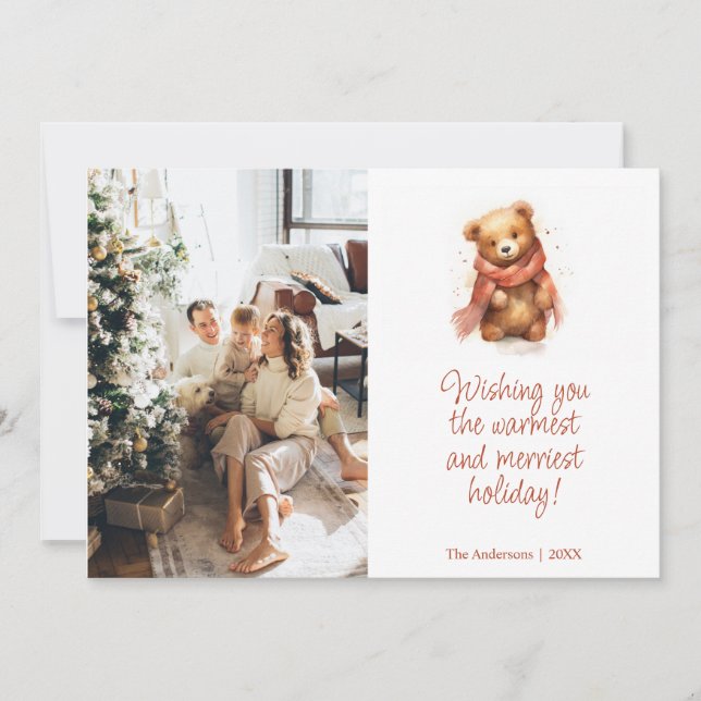 Cute Watercolor Bear with Scarf Christmas Photo Holiday Card (Front)