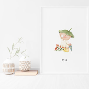 Cute Watercolor Bear With Umbrella Name Poster