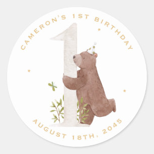 Cute Watercolor Bear Woodland First Birthday Party Classic Round Sticker