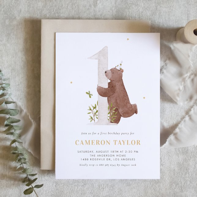Cute Watercolor Bear Woodland First Birthday Party Invitation (Creator Uploaded)