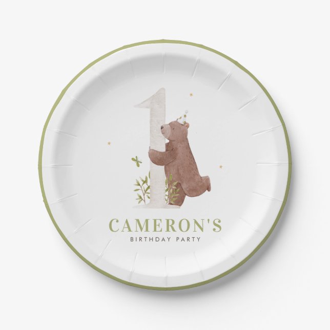Cute Watercolor Bear Woodland First Birthday Party Paper Plate (Front)