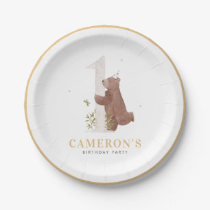 Cute Watercolor Bear Woodland First Birthday Party Paper Plate