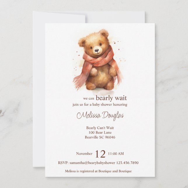 Cute Watercolor Bearly Wait Bear Baby Shower Invitation (Front)