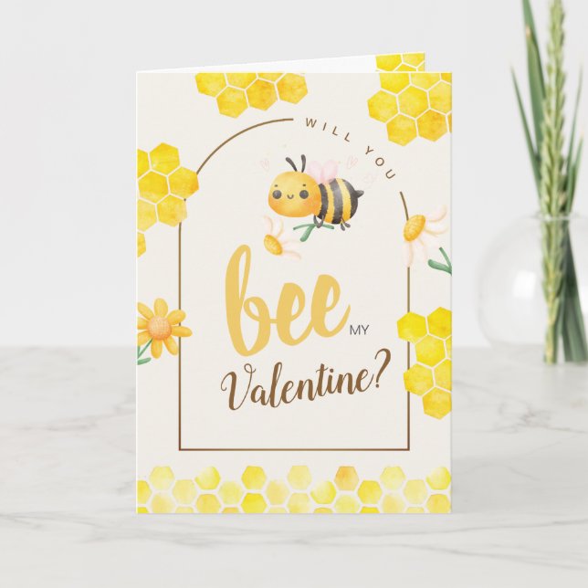 Cute Watercolor Bee & Honey Valentine's Day Folded Holiday Card (Front)