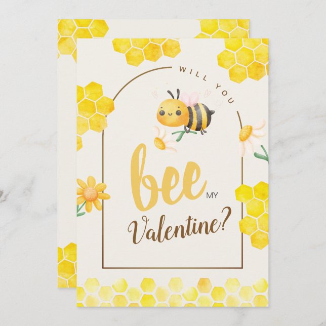 Cute Watercolor Bee & Honeycomb Valentine's Day Holiday Card (Front/Back)