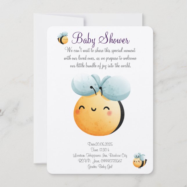 Cute watercolor bee invitation (Front)