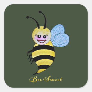Cute Watercolor Bee With Happy Smile Square Sticker