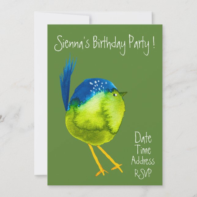 Cute watercolor bird colourful birthday party invitation (Front)