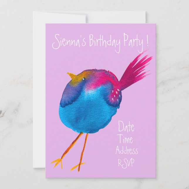 Cute watercolor bird colourful birthday party invitation (Front)