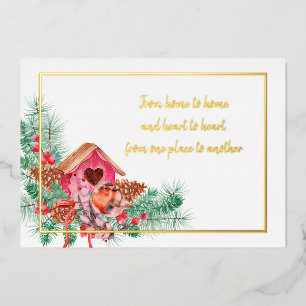 Cute watercolor birdhouse Christmas foil Holiday Card
