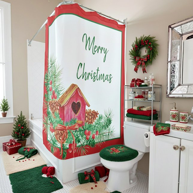 Cute watercolor birdhouse Christmas Holiday   Shower Curtain (Creator Uploaded)