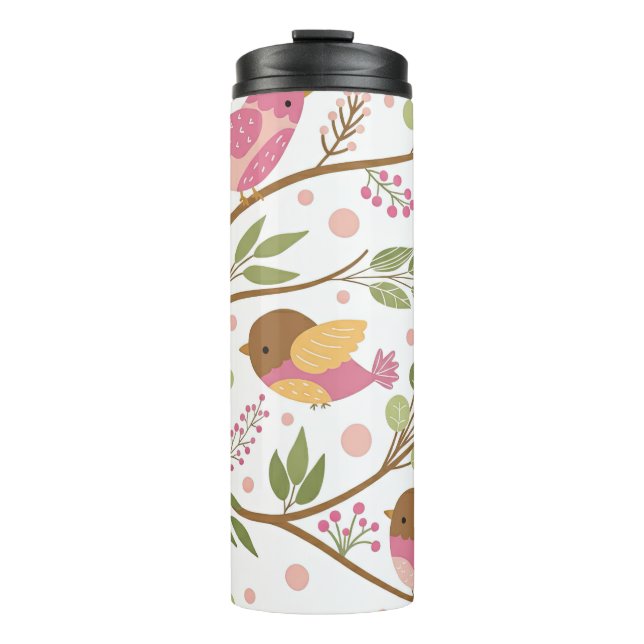 Cute Watercolor Birds and Pink Florals Thermal Tumbler (Front)
