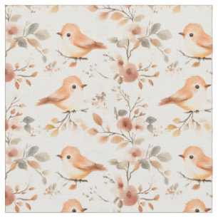 Cute Watercolor Birds & Flowers on White Fabric