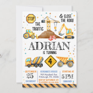 Cute Watercolor birthday Construction vehicles Invitation