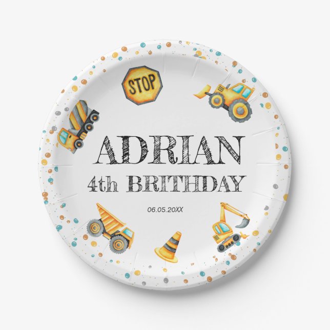 Cute Watercolor birthday Construction vehicles Paper Plate (Front)
