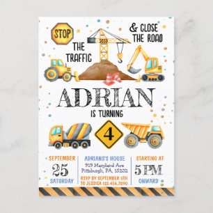 Cute Watercolor birthday Construction vehicles Postcard