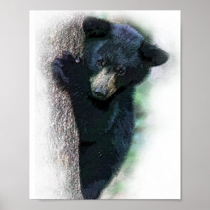 Cute Watercolor Black Bear Cub in Tree Poster