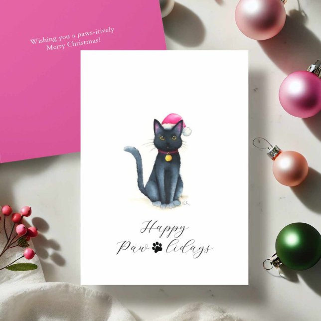 Cute Watercolor Black Cat Christmas Cards (Black cat Christmas cards watercolor by Victoria Grigaliunas Happy Paw-lidays Merry Christmas Wishes)