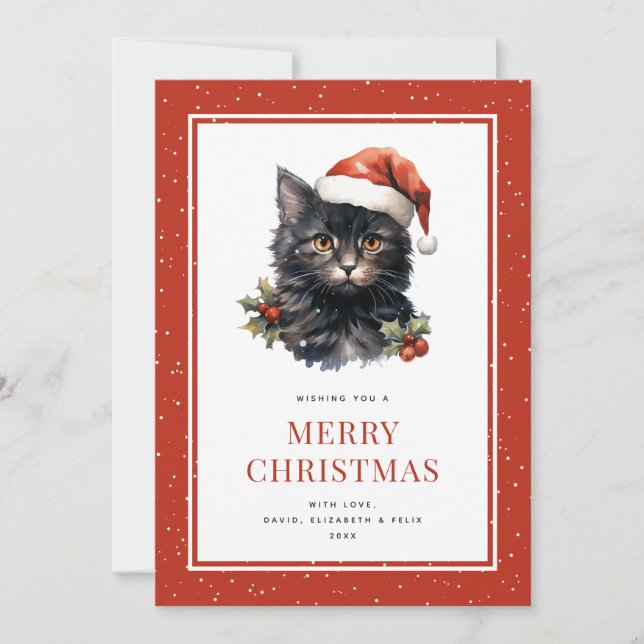 Cute Watercolor Black Cat Merry Christmas Card (Front)