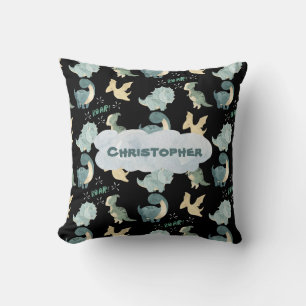 Cute Watercolor Black Dinosaur Pattern Teal Name Cushion