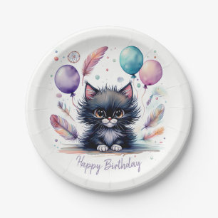 Cute Watercolor Black Kitten Balloons Birthday  Paper Plate