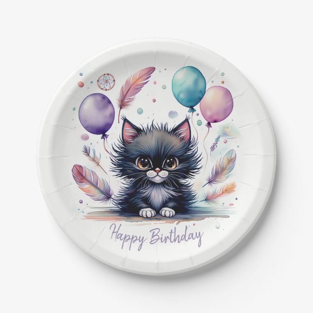 Cute Watercolor Black Kitten Balloons Birthday  Paper Plate (Front)