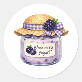 Cute Watercolor Blackberry Yogurt Jar with Hat Classic Round Sticker