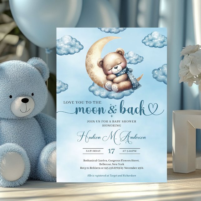 Cute watercolor blue and gold sleeping teddy bear invitation (love you to the moon and back - boy baby shower invitation)