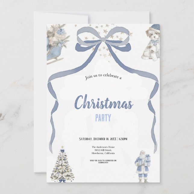 Cute watercolor blue and grey christmas party  invitation (Front)