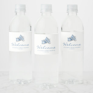 Cute Watercolor Blue Baby Shoes Baby Shower Water Bottle Label