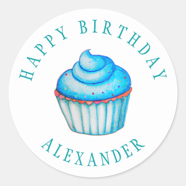 Cute Watercolor Blue Birthday Custom Name Classic Round Sticker (Front)