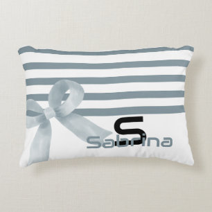 Cute Watercolor Blue Bow Stripes Accent Pillow