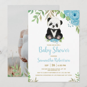 Cute Watercolor Blue Boy Bear Baby Shower Photo Invitation