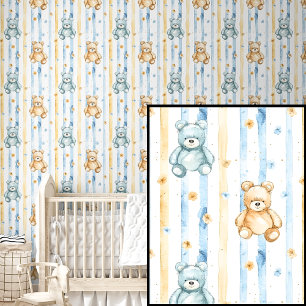 Cute Watercolor Blue Brown Teddy Bears on Striped Wallpaper