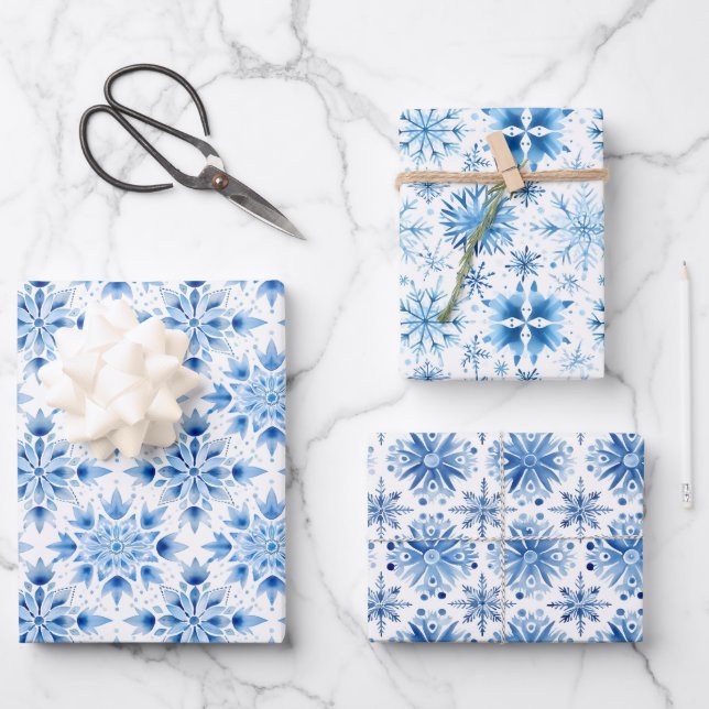Cute Watercolor Blue Christmas Snowflakes Wrapping Wrapping Paper Sheet (Front)