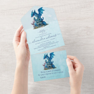 Cute Watercolor Blue Dragon Baby Shower All In One Invitation