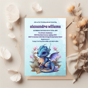 Cute Watercolor Blue Dragon Baby Shower Invitation
