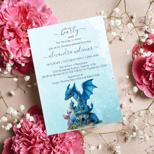 Cute Watercolor Blue Dragon Baby Shower Invitation
