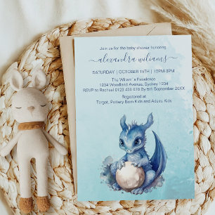 Cute Watercolor Blue Dragon Baby Shower Invitation