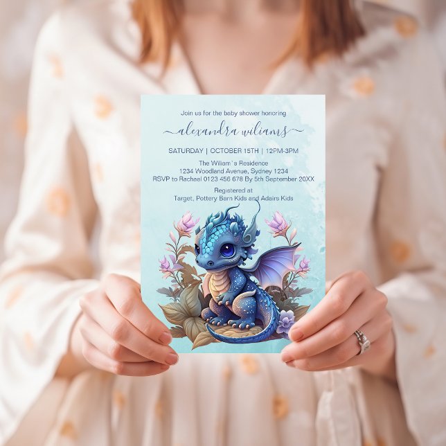 Cute Watercolor Blue Dragon Baby Shower Invitation (Creator Uploaded)