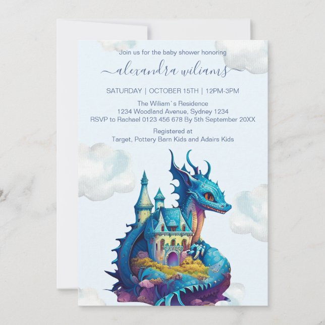 Cute Watercolor Blue Dragon Baby Shower Invitation (Front)