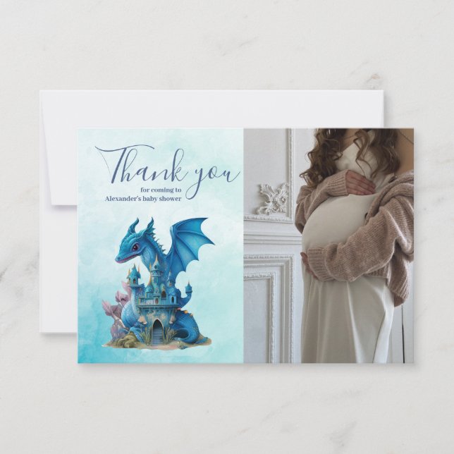 Cute Watercolor Blue Dragon Baby Shower Thank You Card (Front)