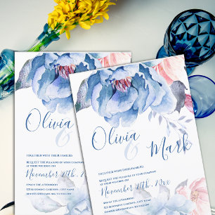 Cute Watercolor  Blue Peach Floral Script Wedding Invitation
