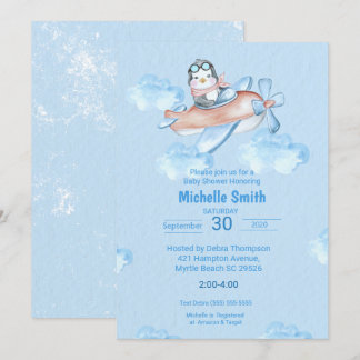 Cute Watercolor Blue Penguin Pilot Invitation