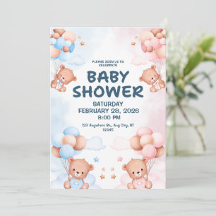 Cute Watercolor Blue Pink Balloons Teddy Bear Invitation