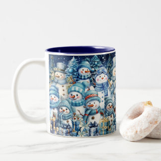 Cute Watercolor Blue Snowman Family Two-Tone Coffee Mug